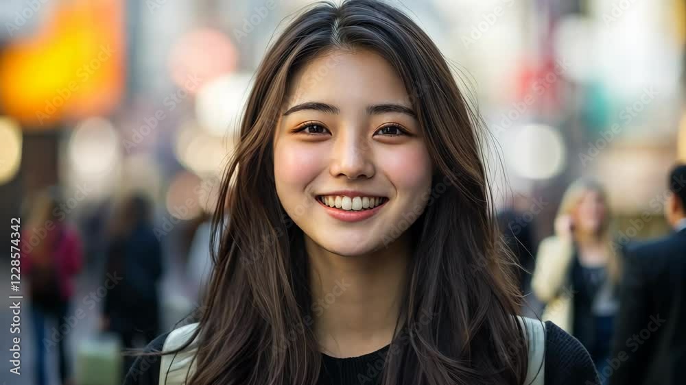 close up face portrait, smiling happy Japanese young woman at urban city street on sunny day, urban lifestyle close up face portrait, smiling happy Japanese young woman at urban city street on sunny day, urban lifestyle