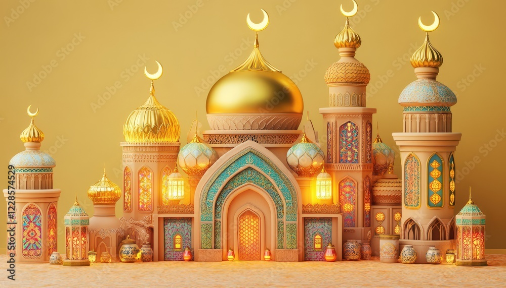 Obraz premium Festive Islamic Architecture Golden Mosque Ramadan Lantern Lights