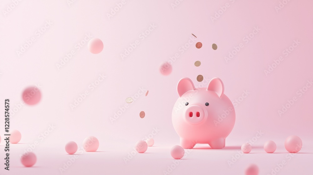Piggy bank with coins and balls in a soft pink setting Piggy bank with coins and balls in a soft pink setting
