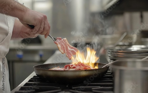 A chef uses a spatula to flip strips of meat in a skillet while cooking in a bustling professional kitchen. Flames rise as the meat is seared, creating an engaging culinary experience photo