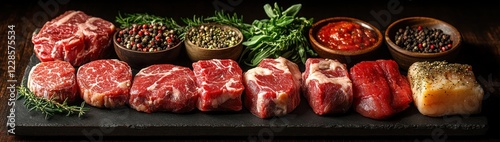 Raw Cuts of Beef Steaks and Hamburger Patties on Dark Slate Surface with Herbs and Cleaver photo