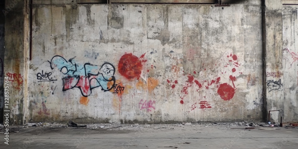 Naklejka premium Abstract Graffiti Art on Wall of Abandoned Factory Walls with Colorful Paint Splashes and Urban Vibe in Urban Exploration Photography