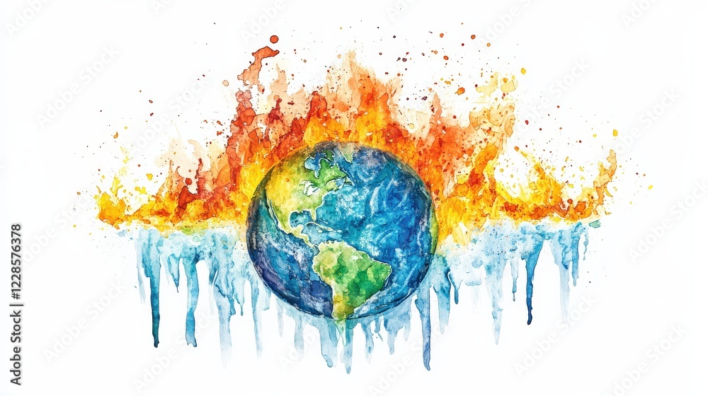 Obraz premium A vibrant watercolor illustration depicting a globe engulfed in flames and water, symbolizing climate change