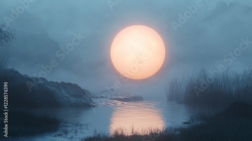 Serene Misty Landscape With Large Orange Moon