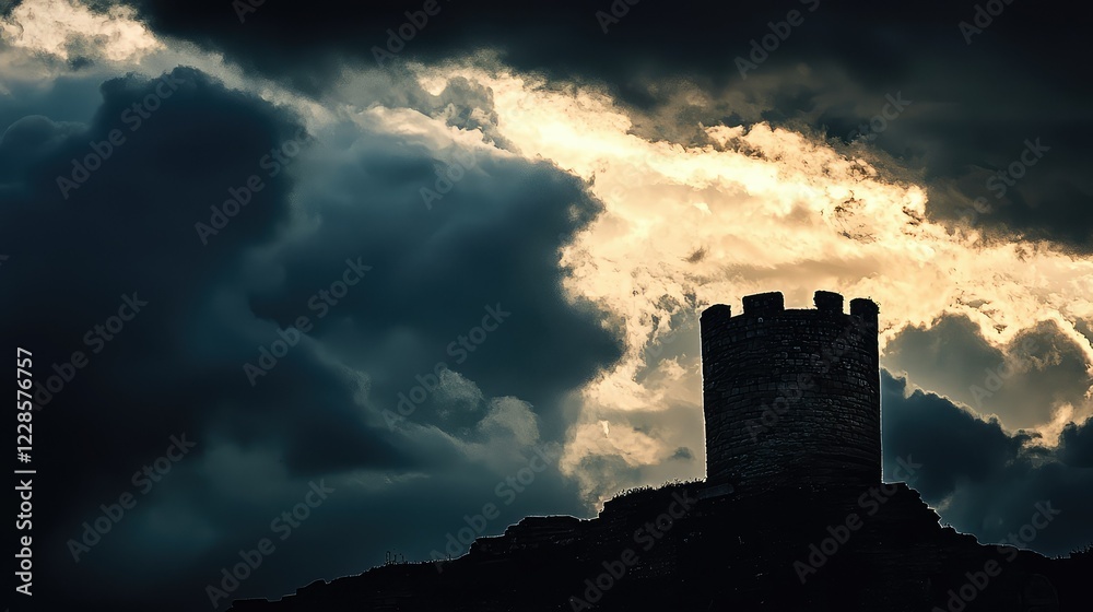 Silhouette of Ancient Tower Against Dramatic Cloudy Sky Silhouette of Ancient Tower Against Dramatic Cloudy Sky