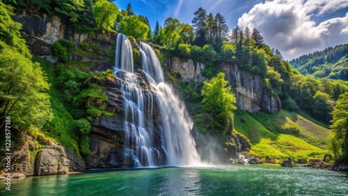 Waterfall near Lake Lucerne, lush, lake,  lush, lake