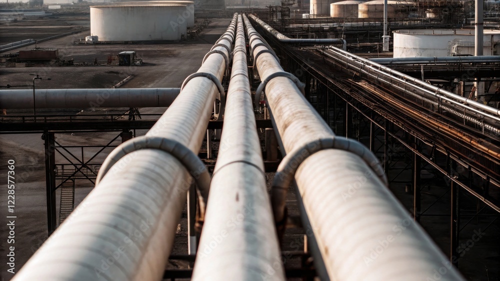 Industrial Pipeline Network in an Oil Refinery with Storage Tanks Depicted in an Aerial View Showcasing Infrastructure and Energy Sector Development Industrial Pipeline Network in an Oil Refinery with Storage Tanks Depicted in an Aerial View Showcasing Infrastructure and Energy Sector Development