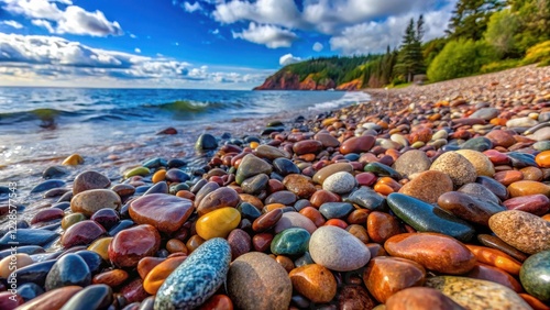 Fototapeta Naklejka Na Ścianę i Meble -  Polished stones of various colors scattered on the shoreline of Lake Superior's rugged beach , natural formations, lake superior