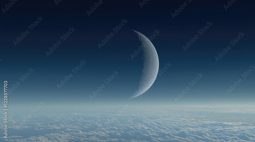 Elegant Crescent Moon Appearing Above Soft Cloud Layers at Dusk Elegant Crescent Moon Appearing Above Soft Cloud Layers at Dusk