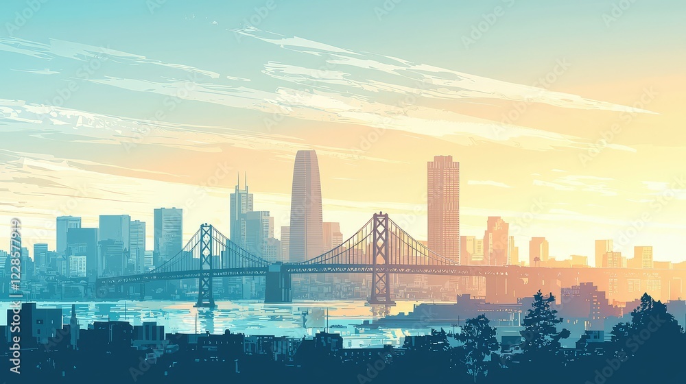 Obraz premium Vibrant Cityscape at Sunset with Bridge and Skyline Silhouette