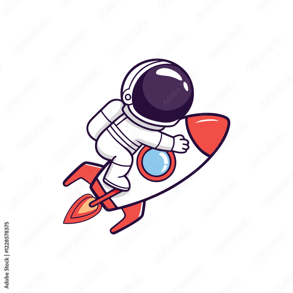 Fototapeta premium A cute cartoon astronaut in a complete white spacesuit riding a small rocket