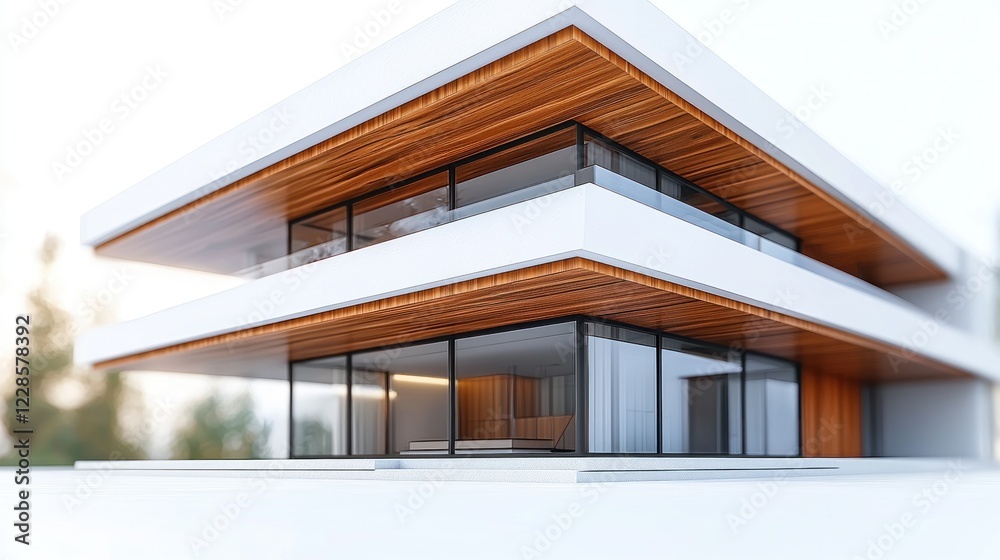 Fototapeta premium Modern house exterior, forest backdrop, showcasing architecture and design