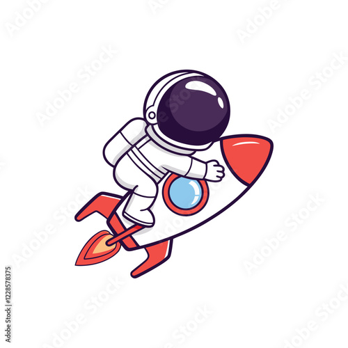 A cute cartoon astronaut in a complete white spacesuit riding a small rocket