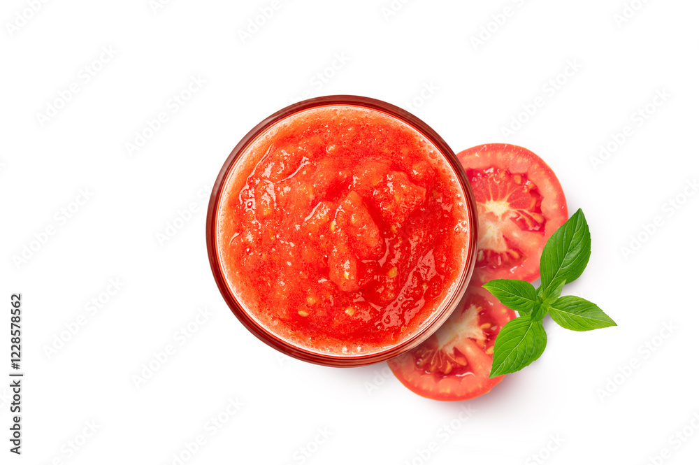 Tomato sauce in glass bowl with slices isolated on white background. Tomato sauce in glass bowl with slices isolated on white background.