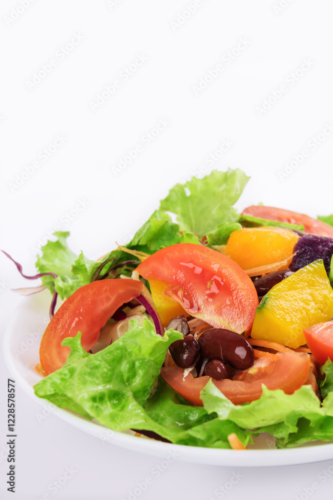 Plate of salad mix fresh of vegetable on white background. Plate of salad mix fresh of vegetable on white background.