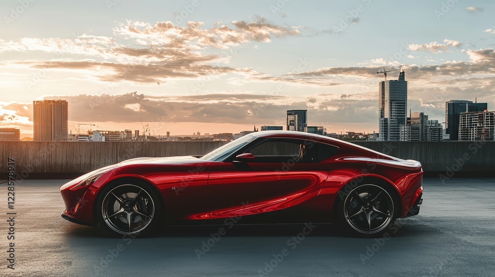 Red sports car parked on rooftop with city skyline at sunset Red sports car parked on rooftop with city skyline at sunset