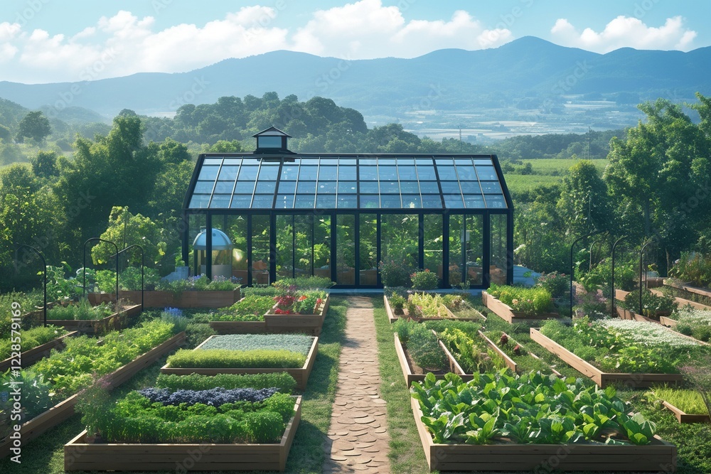 Fototapeta premium Greenhouse and garden with mountain view.