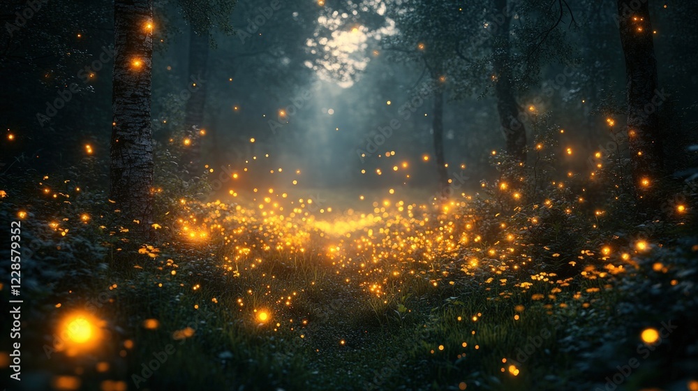 Obraz premium Magical Ethereal Glow of Fireflies Illuminating a Serene Forest at Twilight in an Enchanted Landscape