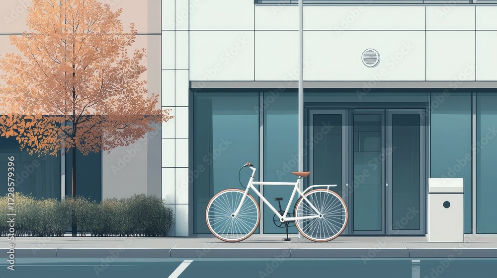 White Bicycle Parked Next to Modern Building with Autumn Tree White Bicycle Parked Next to Modern Building with Autumn Tree