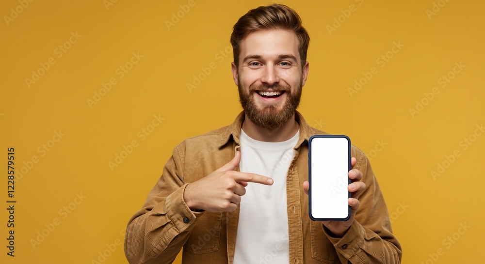 Glad confident millennial caucasian guy with beard point finger on smartphone with empty screen, isolated on yellow studio background. Device, website, app recommendation, sale, ad and offer
Glad confident millennial caucasian guy with beard point finger on smartphone with empty screen, isolated on yellow studio background. Device, website, app recommendation, sale, ad and offer