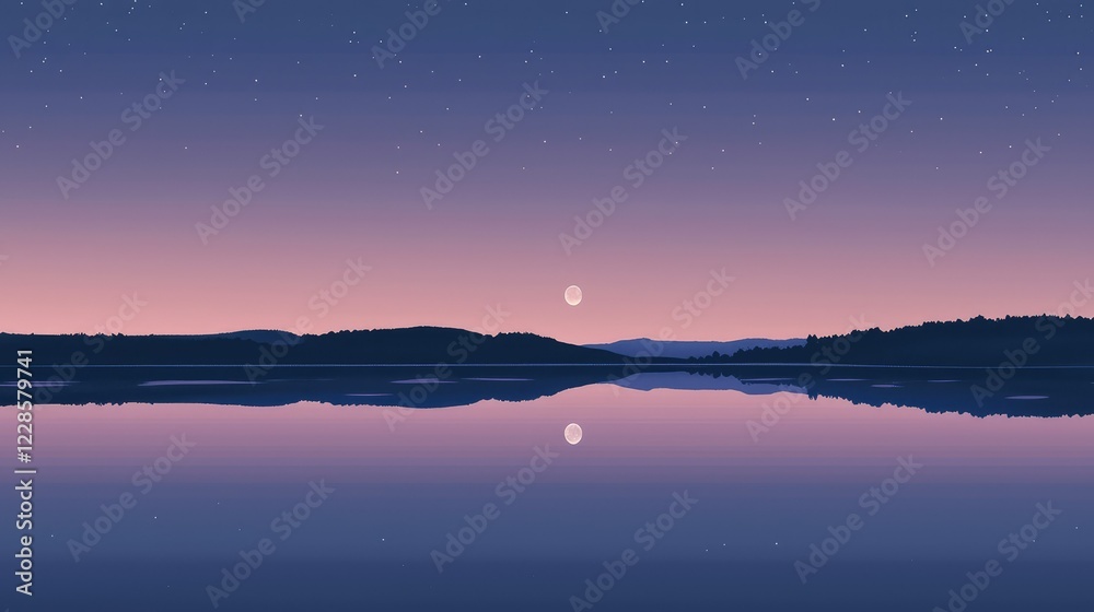 Serene Sunset Over Calm Lake with Mountains and Starry Sky Serene Sunset Over Calm Lake with Mountains and Starry Sky