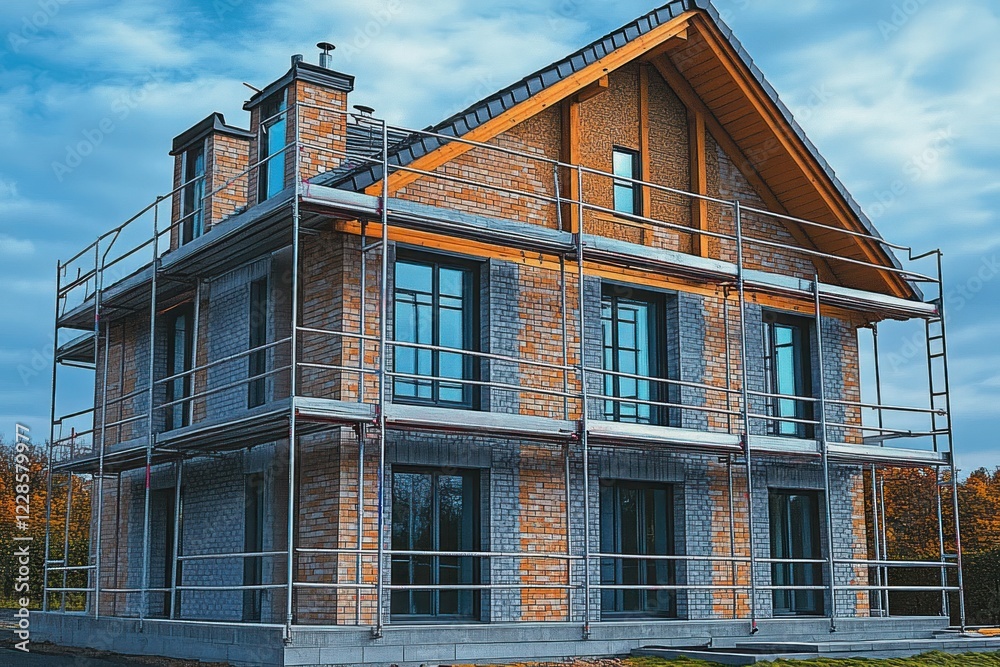 Massive Detached House Under Construction with Scaffolding and Bright Daylight Massive Detached House Under Construction with Scaffolding and Bright Daylight