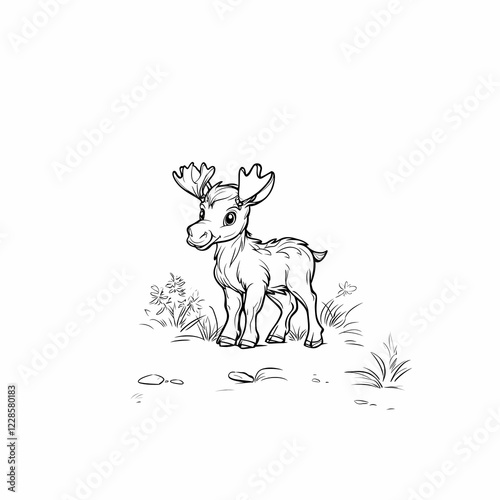 A cute young moose standing in a grassy meadow, surrounded by wildflowers. photo