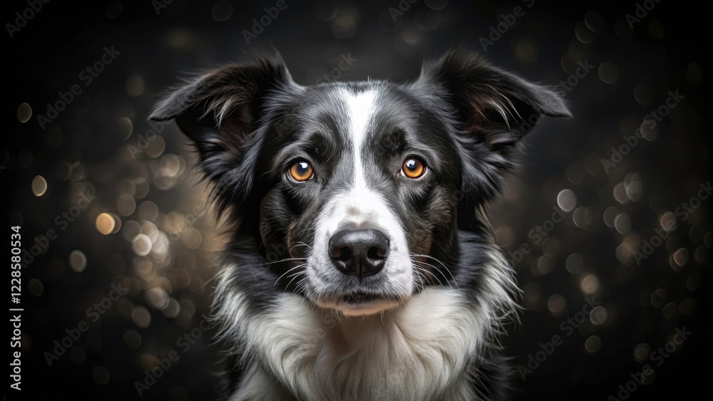 Fototapeta premium Stunning Portrait of a Black and White Dog Against a Dark Background - Captivating Pet Photography, Dog Portraits, Animal Photography, High Contrast, Canine Beauty, Artistic Shot