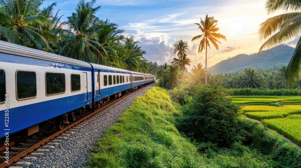Naklejka premium Scenic Train Journey Through Lush Green Landscape with Palm Trees and Vibrant Sunset
