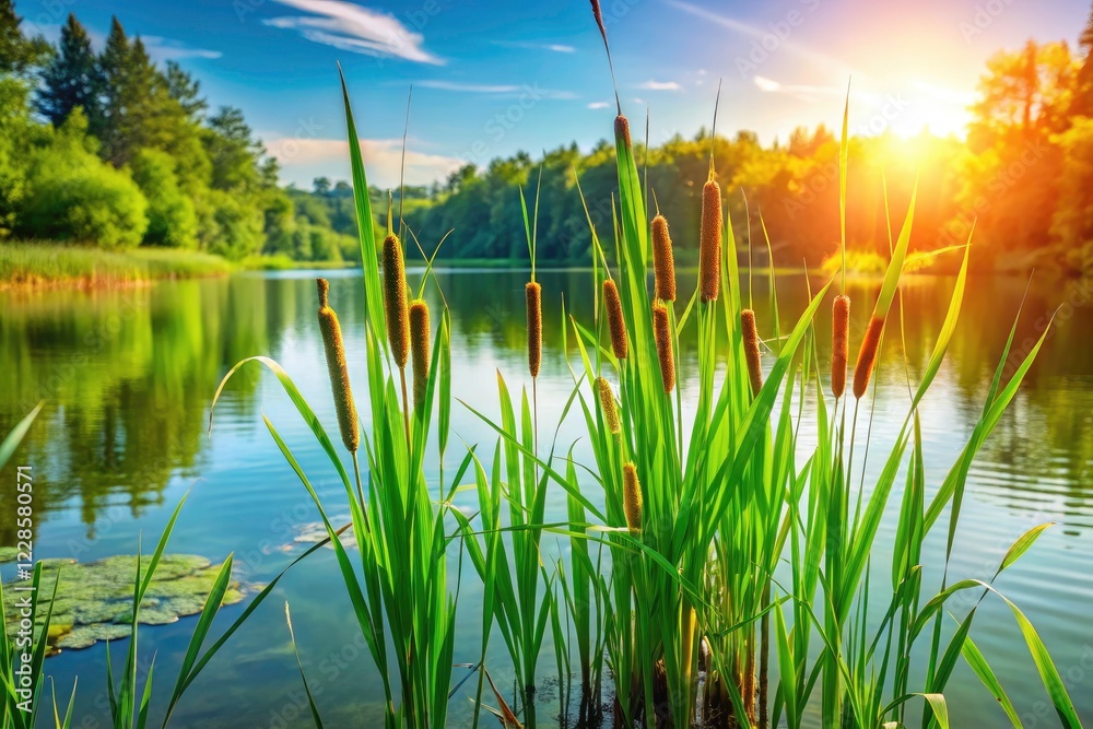 Obraz premium Stunning Summer Lake Green Cattails: Vibrant Lakeside Photography