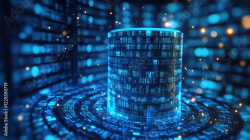 Futuristic data storage visualization featuring a glowing cylinder amidst digital particles and patterns