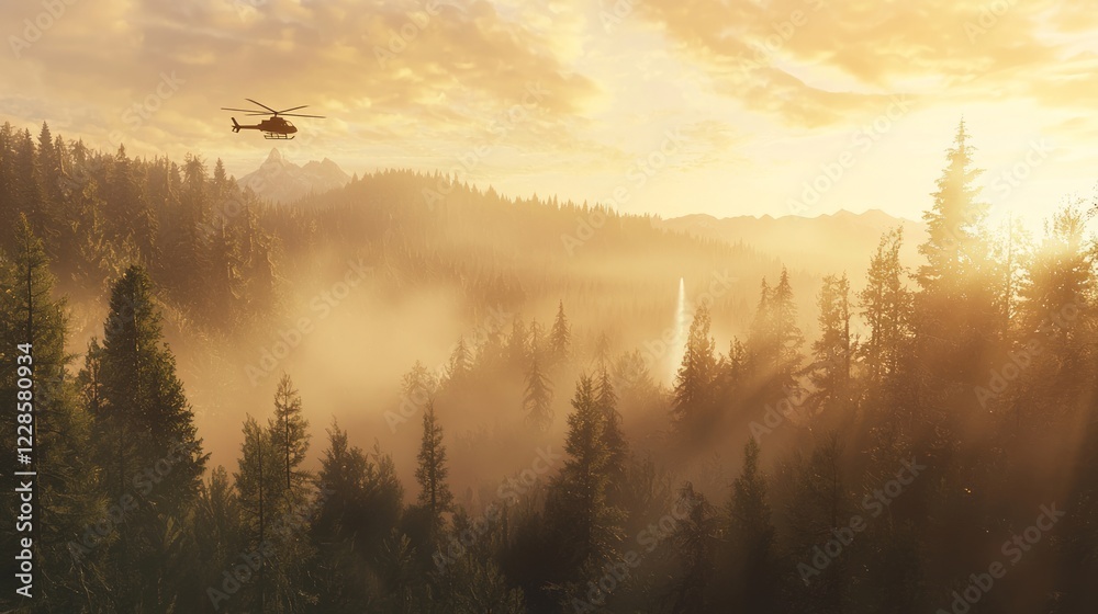 Helicopter in Forest During Sunset with Mist and Water Drop Helicopter in Forest During Sunset with Mist and Water Drop