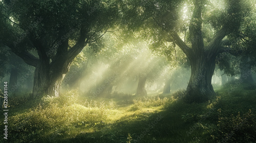 Fototapeta premium Serene forest landscape with sunlight filtering through trees, creating a mystical atmosphere