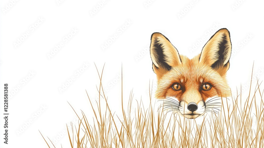 Obraz premium Realistic Illustration of a Fox Head Emerging from Tall Grass