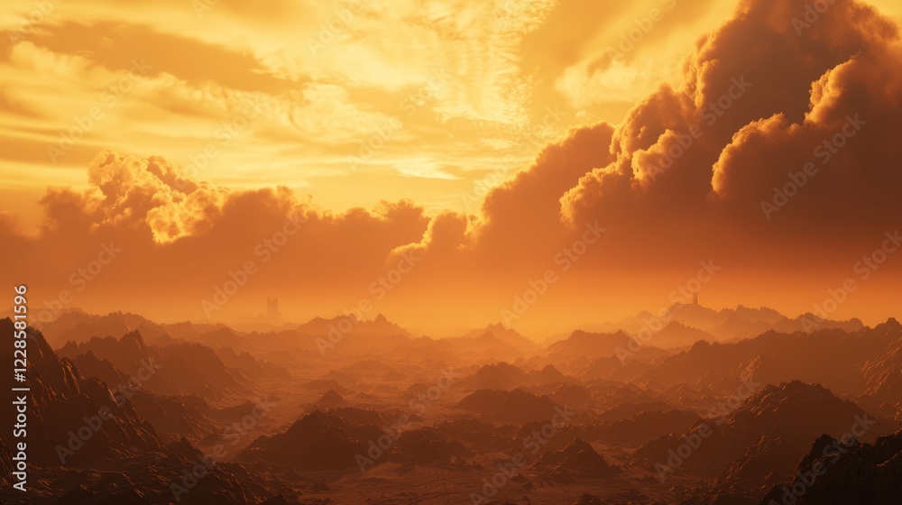 Harsh Orange Glow in Narrow Valley at Dusk with Dramatic Clouds