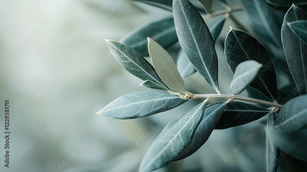 Olive branch detail, soft orchard light, blurred background, nature backdrop