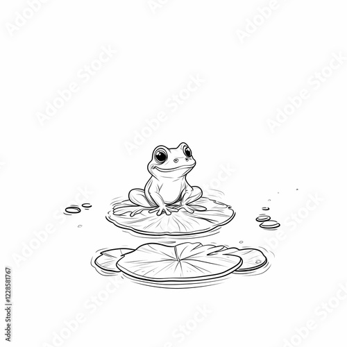 A whimsical frog sitting on lily pads in a serene pond environment. photo
