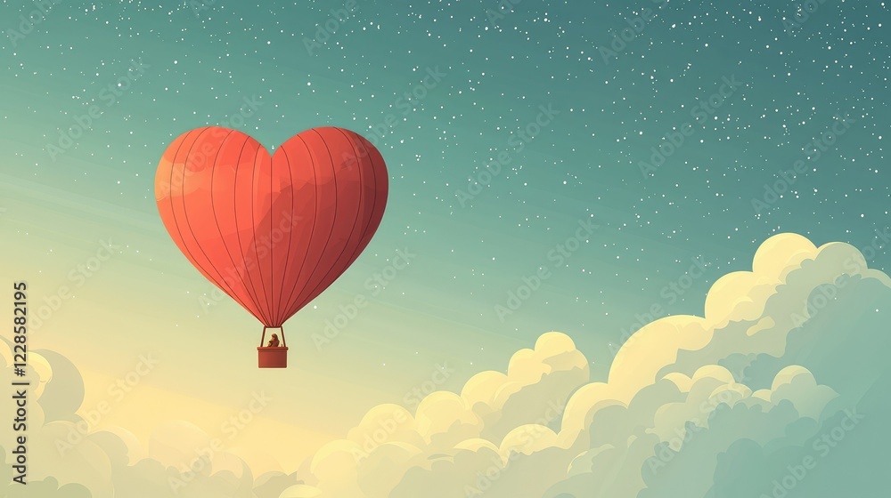 Obraz premium Heart-Shaped Hot Air Balloon Flying Through Colorful Sky at Dusk