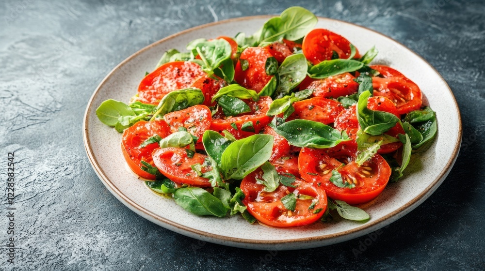Fresh Tomato Salad with Basil and Olive Oil on Decorative Plate Fresh Tomato Salad with Basil and Olive Oil on Decorative Plate