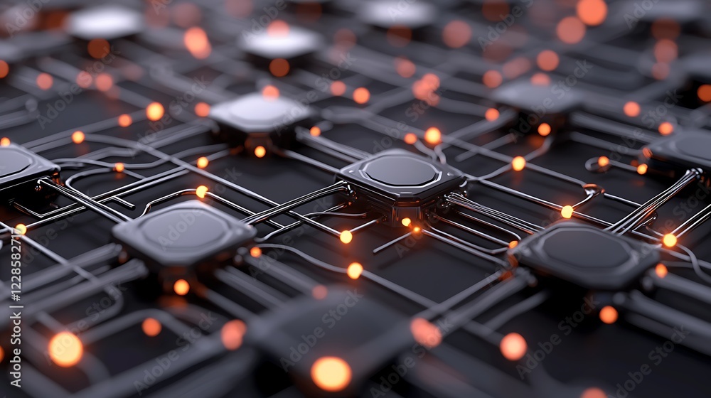 Obraz premium Network nodes glowing, data transfer, abstract background, tech illustration