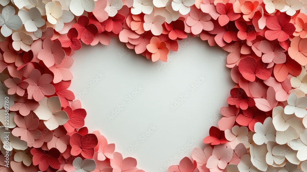 Obraz premium Cut out pink, red, and white paper hearts form a heart-shaped frame with an empty space in the middle on a white background. Concept of love and valentines day