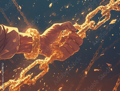 Hand breaking golden chains, fiery particles.