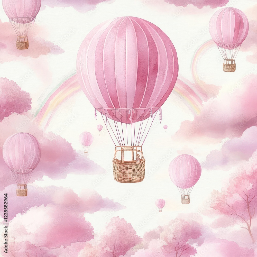 Obraz premium Watercolor seamless pattern of cute pink hot air balloons clouds and rainbows for baby design