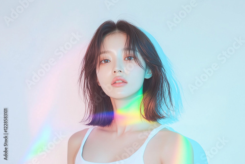 韓国人女性の美容イメージ、プリズムライト、レインボー