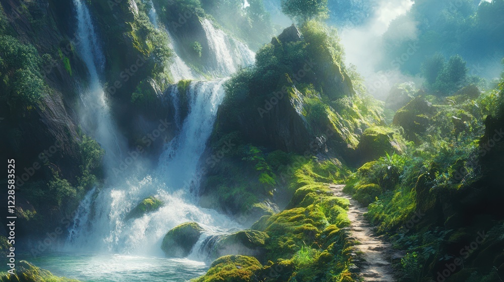 Fototapeta premium Misty mountain waterfall trail, lush greenery, sunlight, nature backdrop, travel poster