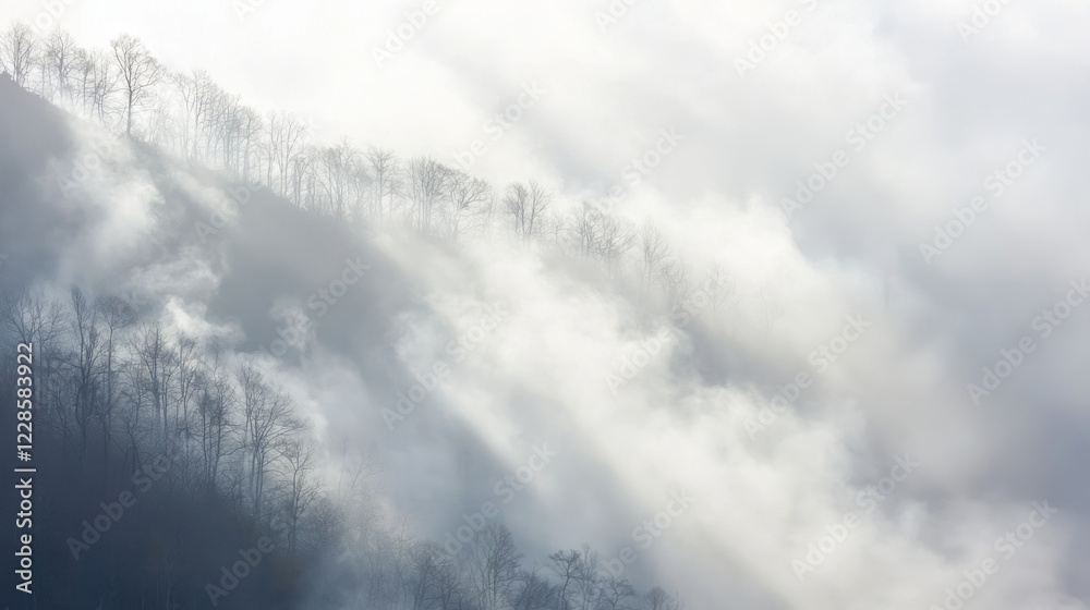 Obraz premium Sunbeams Slicing Through Dense Fog Over Mountain Landscape