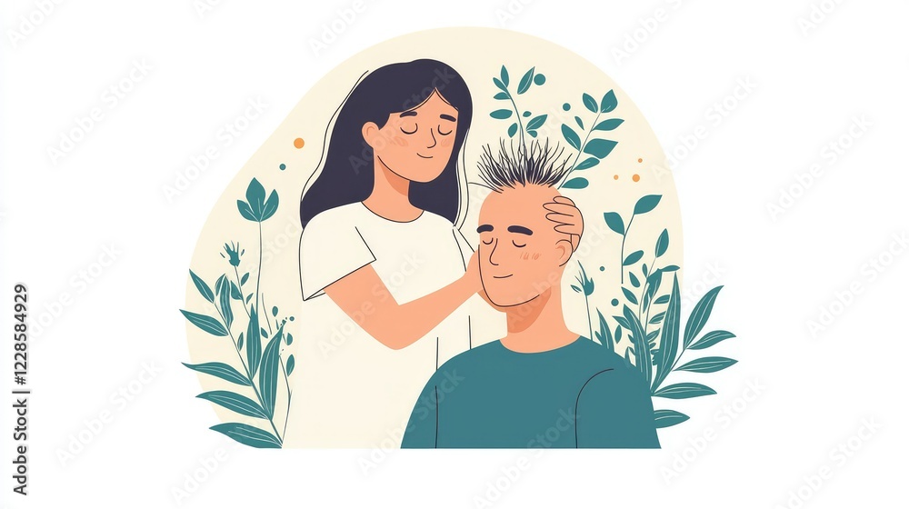 Obraz premium Caring Young Woman Styling Hair of Joyful Man with Spiky Hair
