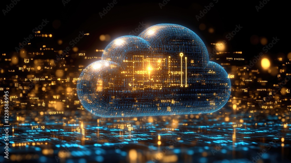 Obraz premium Futuristic digital cloud representing data storage with glowing particles and binary code background