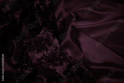 Obraz na płótnie Silk satin fabric background. Black dark deep purple burgundy wine red. Luxury elegant beauty premium rich. Shiny glitter silky. Drapery fold crease. Christmas birthday Valentine romance festival. w salonie