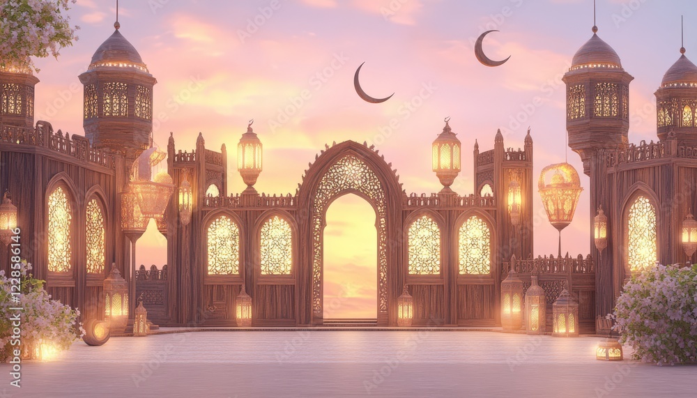 Illuminated Islamic Architecture at Sunset Ramadan Festive Gate and Lanterns